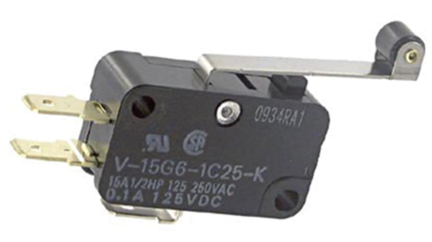 Omron Hinge Roller Lever Micro Switch, Quick Connect Terminal, 15 A @ 250 V ac, SP-CO, IP40