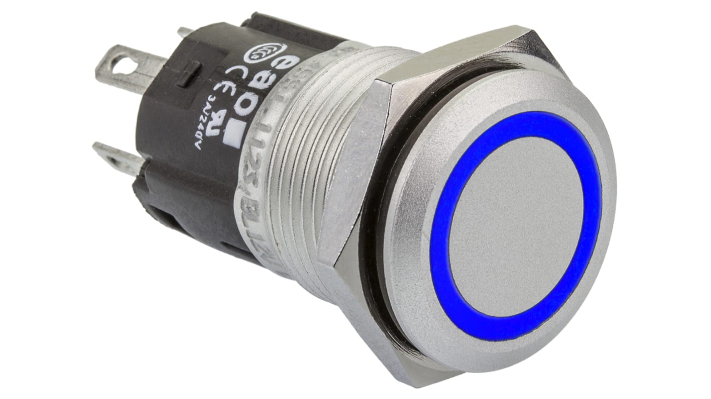 EAO 82 Series Illuminated Push Button Switch, Momentary, Panel Mount, 16mm Cutout, SPDT, Blue LED, 12V, IP65, IP67