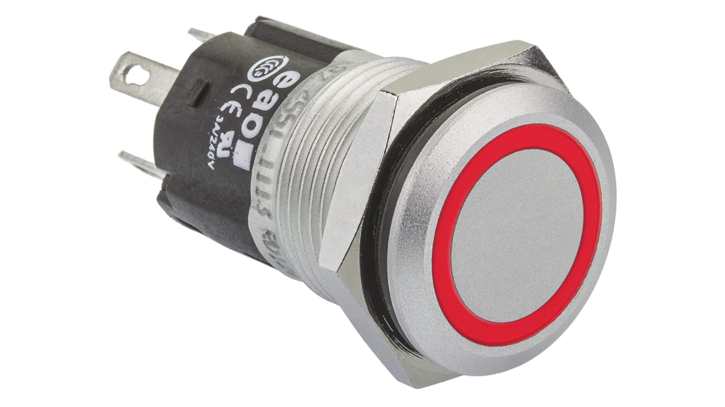 EAO 82 Series Illuminated Push Button Switch, Momentary, Panel Mount, 16mm Cutout, SPDT, Red LED, 240V, IP65, IP67