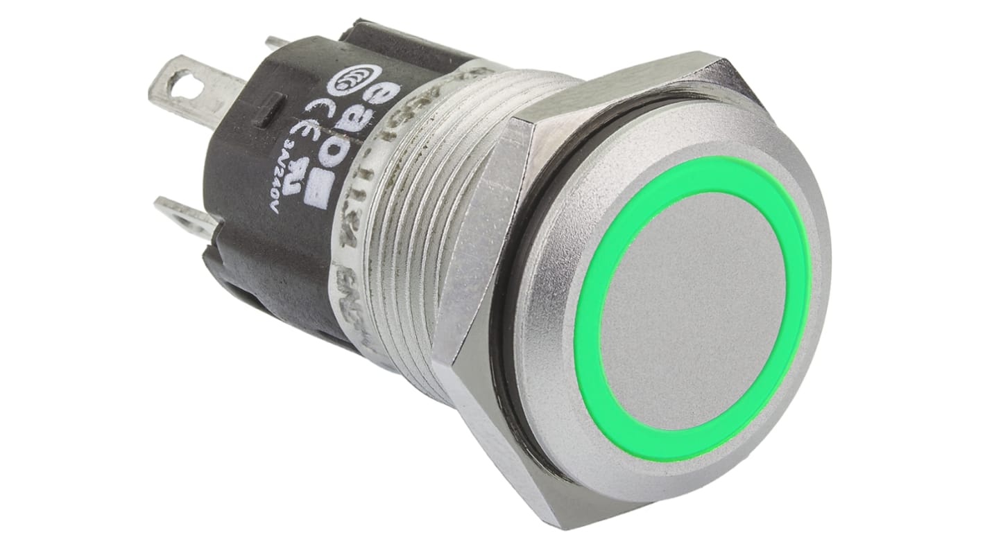 EAO 82 Series Illuminated Push Button Switch, Momentary, Panel Mount, 16mm Cutout, SPDT, Green LED, 12V, IP65, IP67