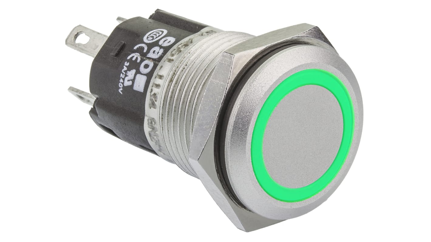 EAO 82 Series Illuminated Push Button Switch, Momentary, Panel Mount, 16mm Cutout, SPDT, Green LED, 240V, IP65, IP67