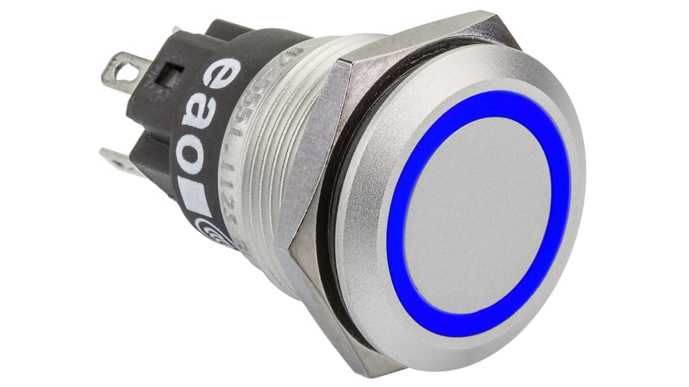 EAO 82 Series Illuminated Push Button Switch, Momentary, Panel Mount, 19mm Cutout, SPDT, Blue LED, 240V, IP65, IP67