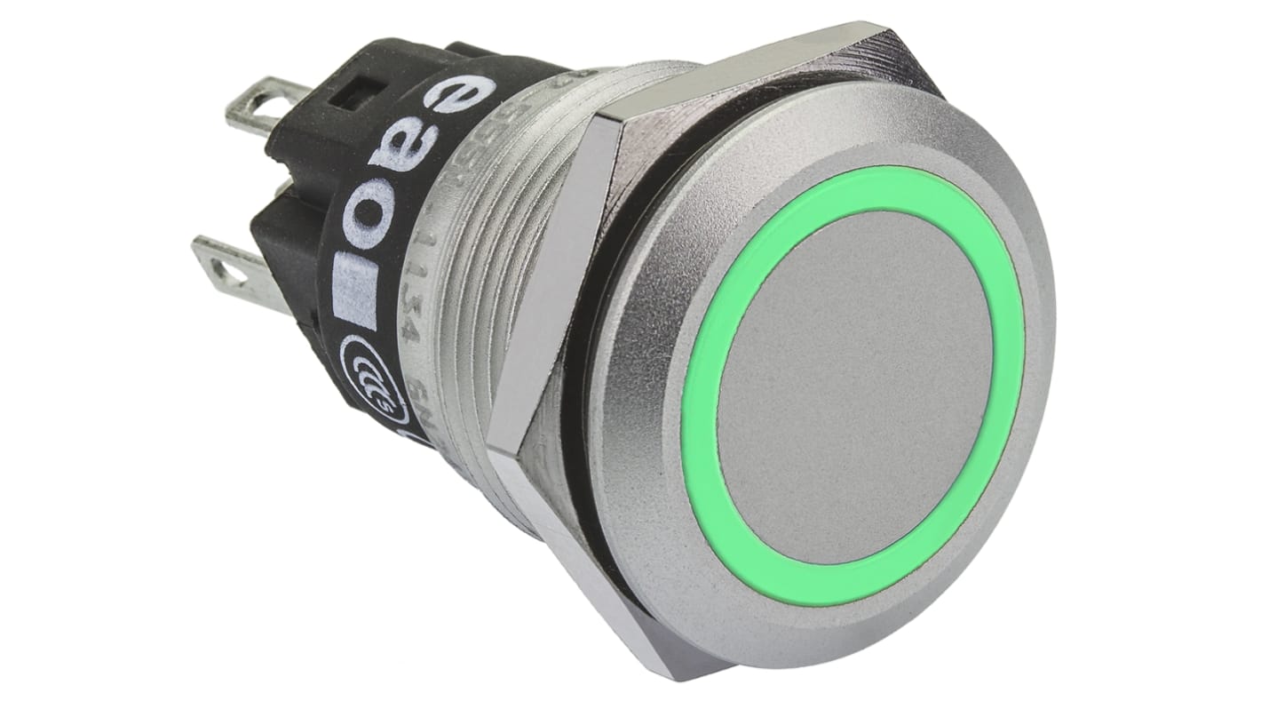 EAO 82 Series Illuminated Push Button Switch, Momentary, Panel Mount, 19mm Cutout, SPDT, Green LED, 240V, IP65, IP67