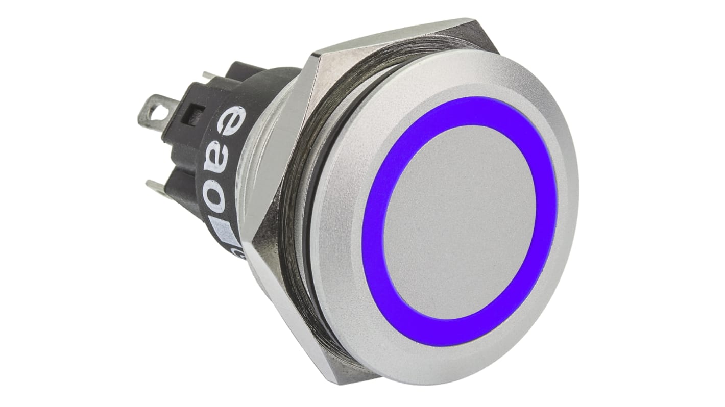 EAO 82 Series Illuminated Push Button Switch, Momentary, Panel Mount, 22.3mm Cutout, SPDT, Blue LED, 240V, IP65, IP67