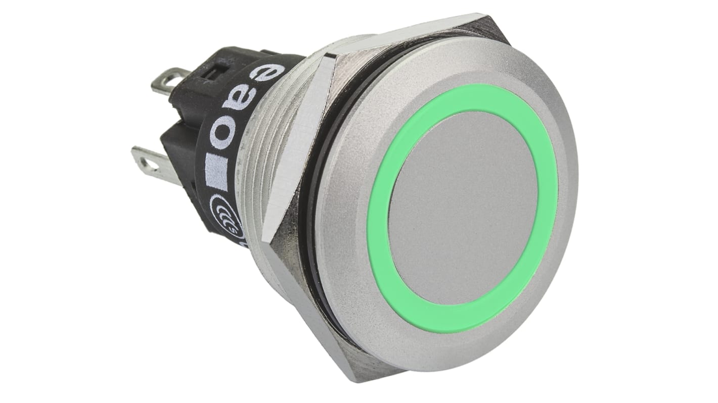 EAO 82 Series Illuminated Push Button Switch, Momentary, Panel Mount, 22.3mm Cutout, SPDT, Green LED, 240V, IP65, IP67