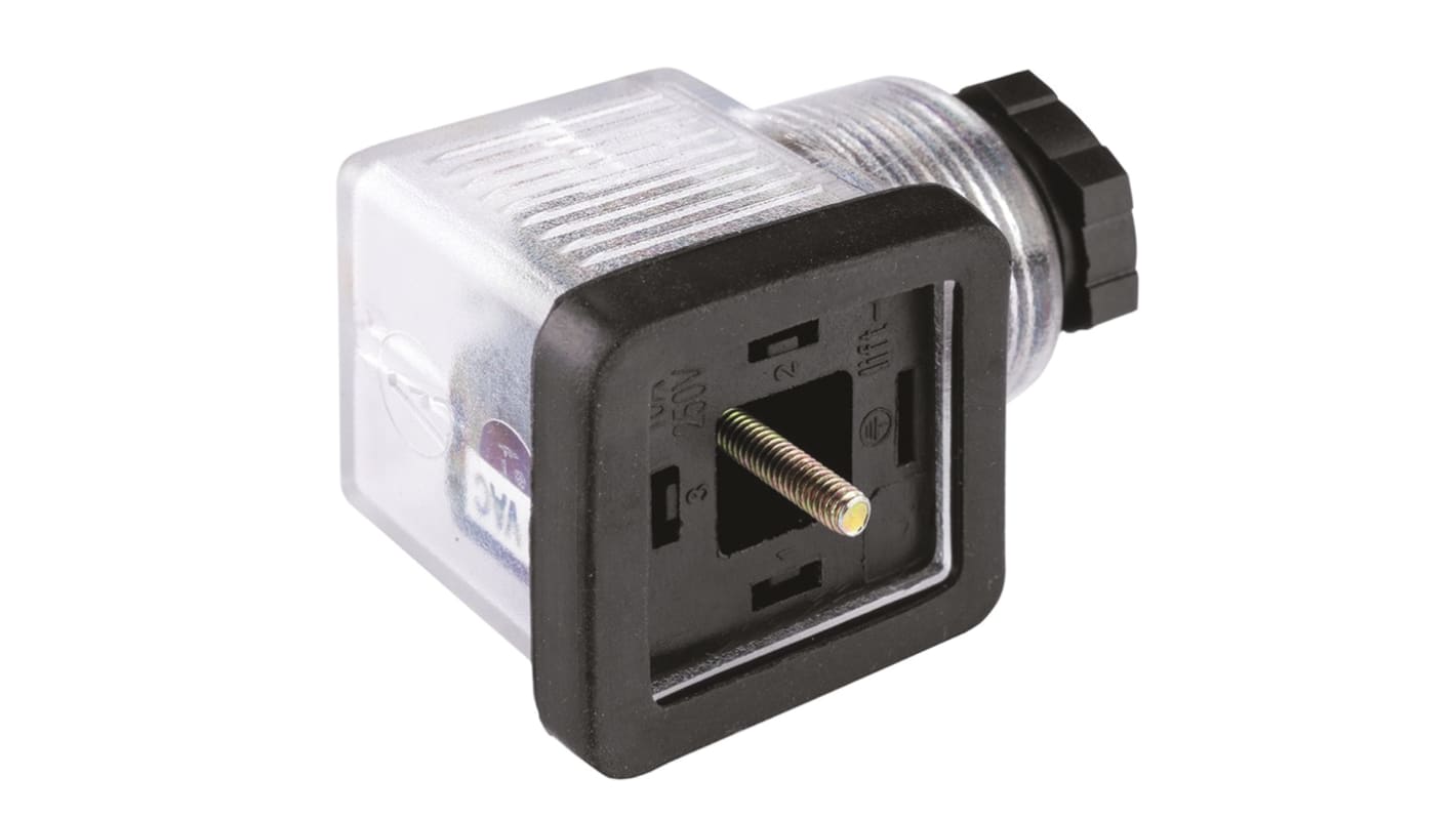 RS PRO 3P+E DIN 43650 A, Female Solenoid Valve Connector with Indicator Light, 48 V dc Voltage