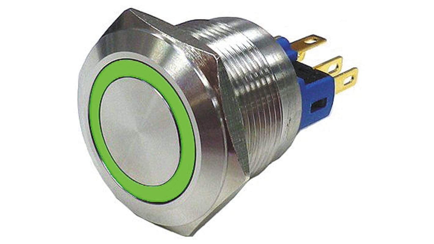 Interruptor de Botón Pulsador RS PRO, color de botón Plata, SPDT, Enclavamiento, 5 A a 250 V ac, 250V ac, Montaje en