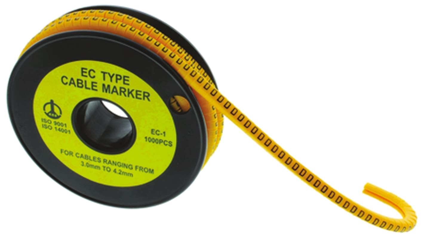 RS PRO Slide On Cable Markers, Black on Yellow, Pre-printed "U", 3 → 4.2mm Cable