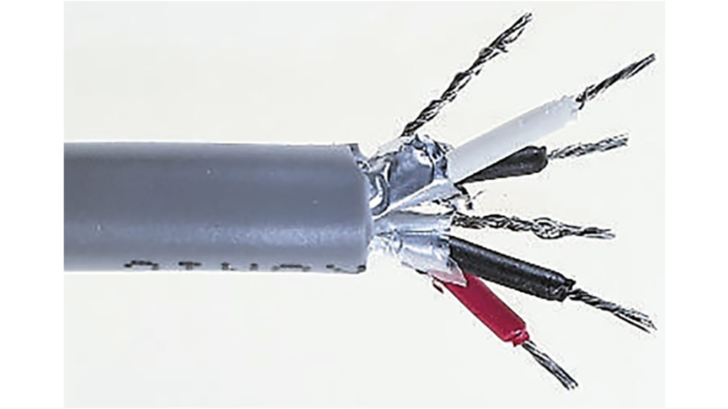 Cable de datos apantallado RS PRO de 4 conductores, 2 pares, 0,22 mm², 24 AWG, long. 500m, Ø ext. 7mm, funda de PVC Gris