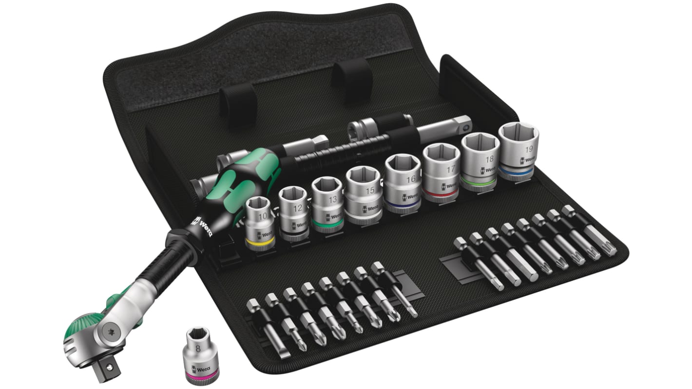 Wera 29-Piece Metric 3/8 in Standard Socket/Bit Set with Ratchet, 6 point; Hex Bit; Phillips Bit; Pozidriv Bit; Slotted