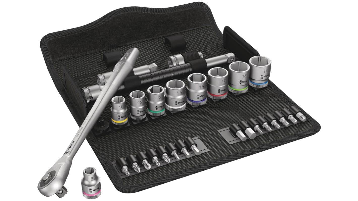 Wera 29-Piece Metric 3/8 in Standard Socket/Bit Set with Ratchet, 6 point; Hex Bit; Phillips Bit; Pozidriv Bit; Torx Bit