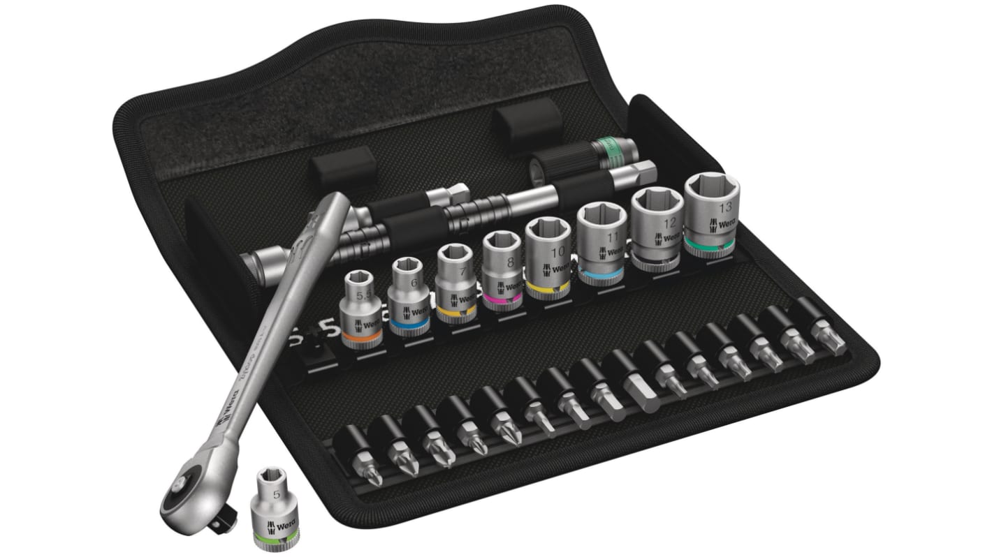 Wera 28 Piece Metric 1 4 in Standard Socket Bit Set with Ratchet 6 point Hex Bit Phillips Bit Pozidriv Bit Torx Bit
