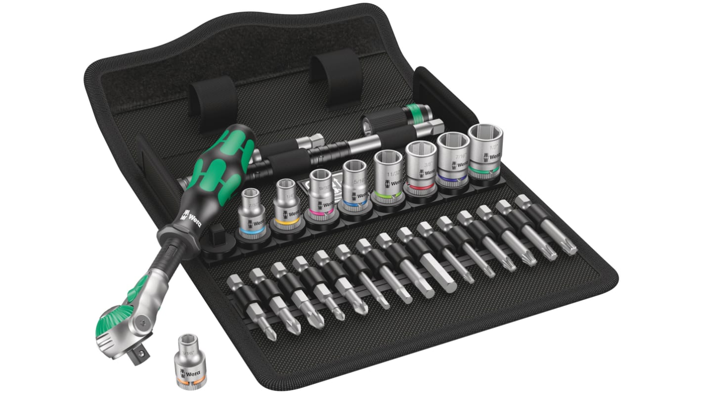Wera 28-Piece Imperial 1/4 in Standard Socket/Bit Set with Ratchet, 6 point; Hex Bit; Phillips Bit; Pozidriv Bit; Torx