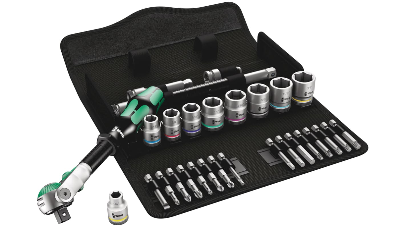 Wera 29-Piece Imperial 3/8 in Standard Socket/Bit Set with Ratchet, 6 point; Hex Bit; Phillips Bit; Pozidriv Bit;