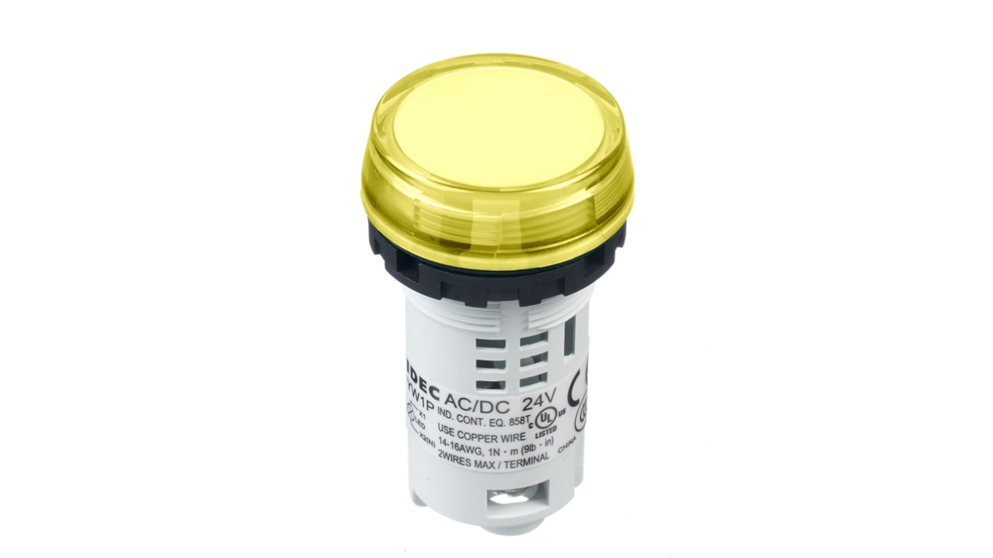 Idec, IDEC YW, Panel Mount Yellow LED Pilot Light, 22mm Cutout, 24V ac/dc