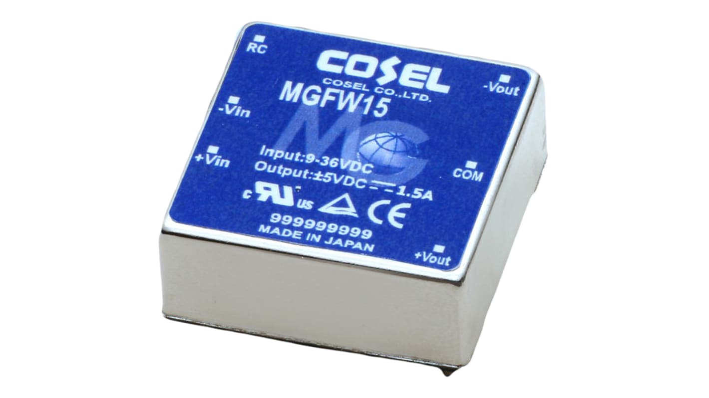 Cosel Isolated DC-DC Converter, ±5V dc/ 1.5A Output, 18 → 76 V dc Input, 15W, Through Hole, +85°C Max Temp -40°C