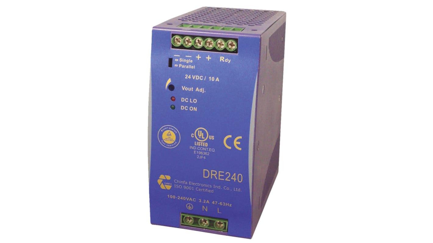 Chinfa DRE Switched Mode DIN Rail Power Supply, 230V ac ac Input, 24V dc dc Output, 10A Output, 240W