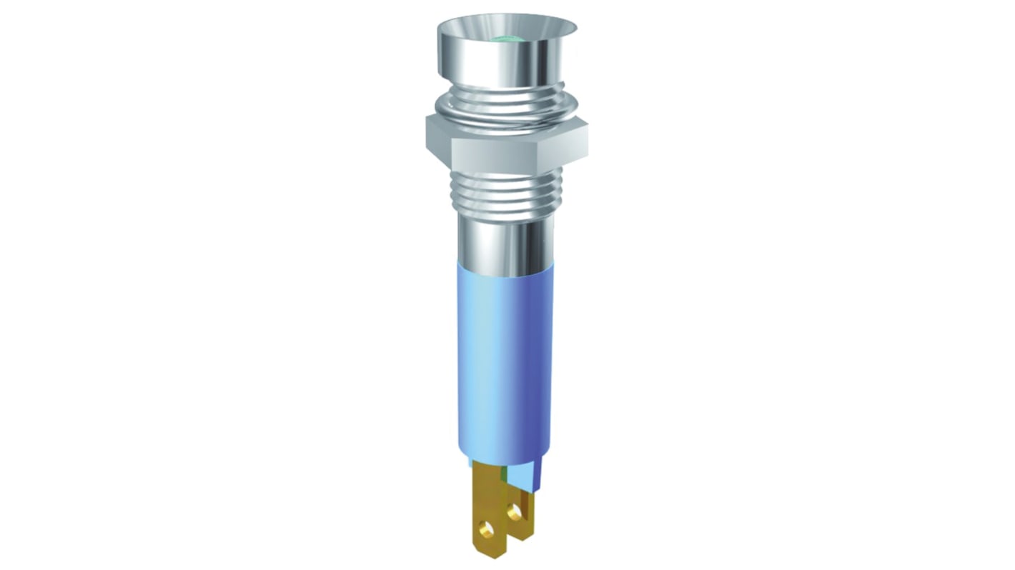 Indicador LED Signal Construct, Verde, lente rebajada, marco Cromo, Ø montaje 8mm, 24 → 28V, 20mA, 40mcd