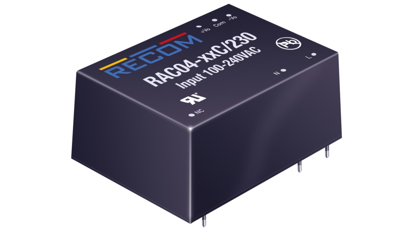 Recom Switching Power Supply, RAC04-0512DC/230, 5V dc, 33 mA, 720 mA, 4W, 1 Output, 80 → 264V ac Input Voltage