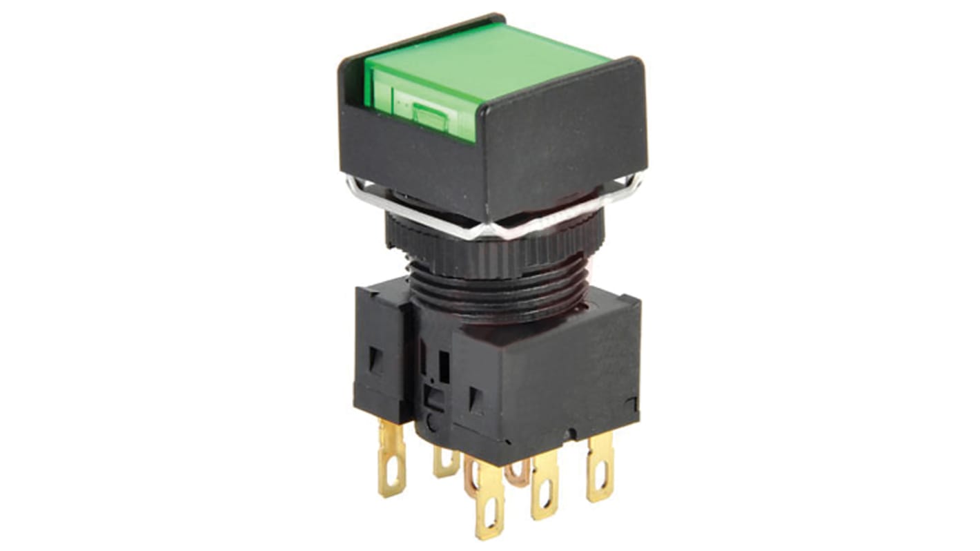 Omron 带灯按钮, Φ16mm开孔, 面板安装, 绿色正方形聚碳酸脂, 双刀双掷, IP65, A16系列