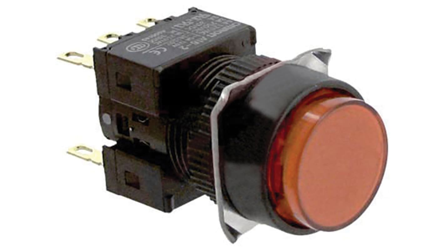 Omron 带灯按钮, Φ16mm开孔, 面板安装, 红色圆形聚碳酸脂, 双刀双掷, IP65, A16系列