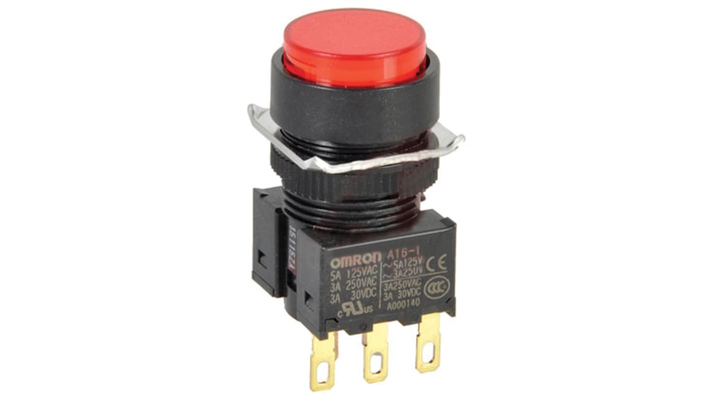 Omron A16 Series Push Button Switch, Panel Mount, 16mm Cutout, SPDT, IP40