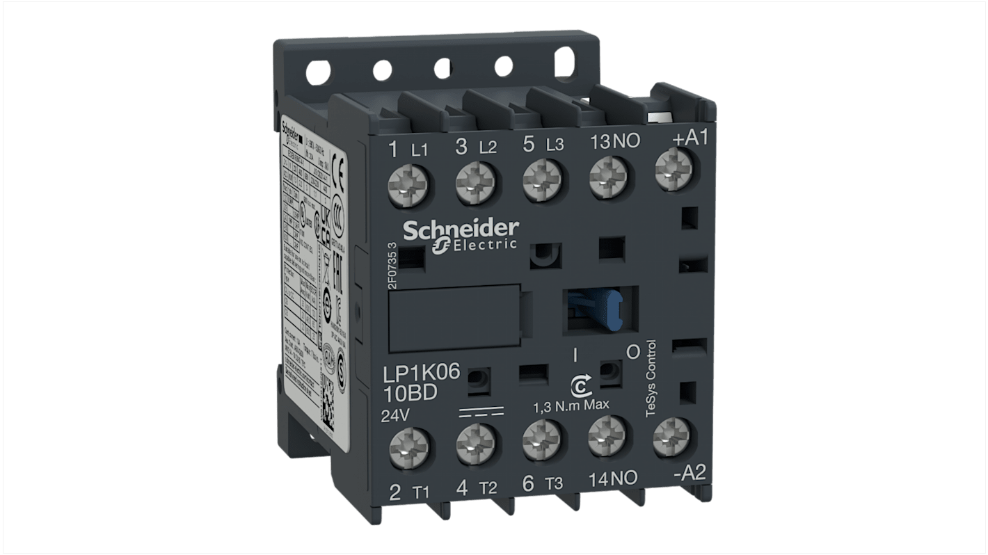 Schneider Electric TeSys K LP1K Contactor, 12 V dc Coil, 3-Pole, 6 A, 2.2 kW, 1NO, 600 V ac