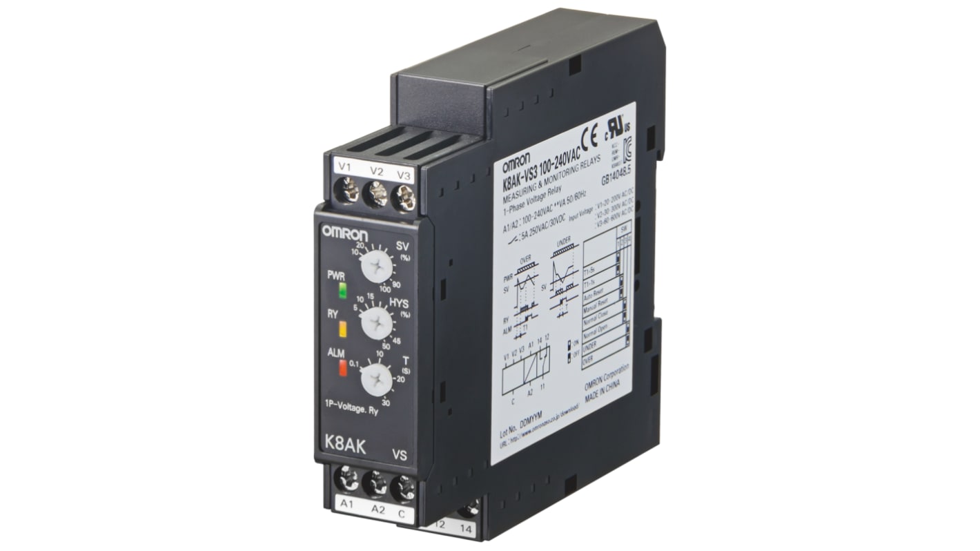 オムロン モニタリングリレー, SPDT, DINレール, → 1 10V ac/dc, K8AK-VS2 100-240VAC