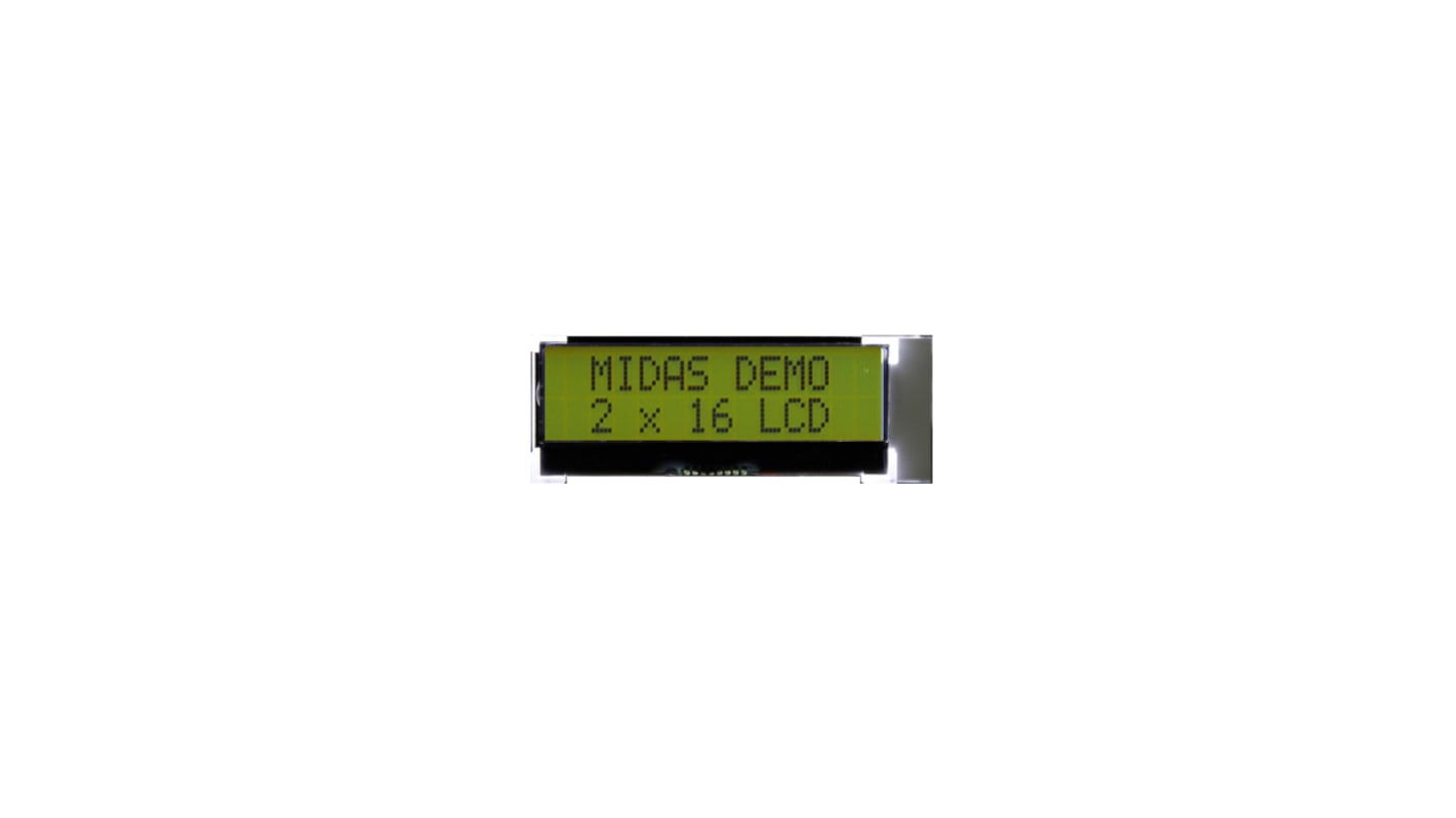 Midas MCCOG21605D6W-SPTLYI Alphanumeric LCD Display Yellow-Green, 2 Rows by 16 Characters, Transflective