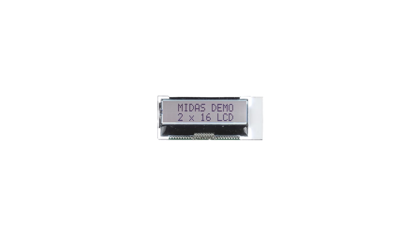 Midas MCCOG21605B6W-FPTLWI Alphanumeric LCD Display White, 2 Rows by 16 Characters, Transflective