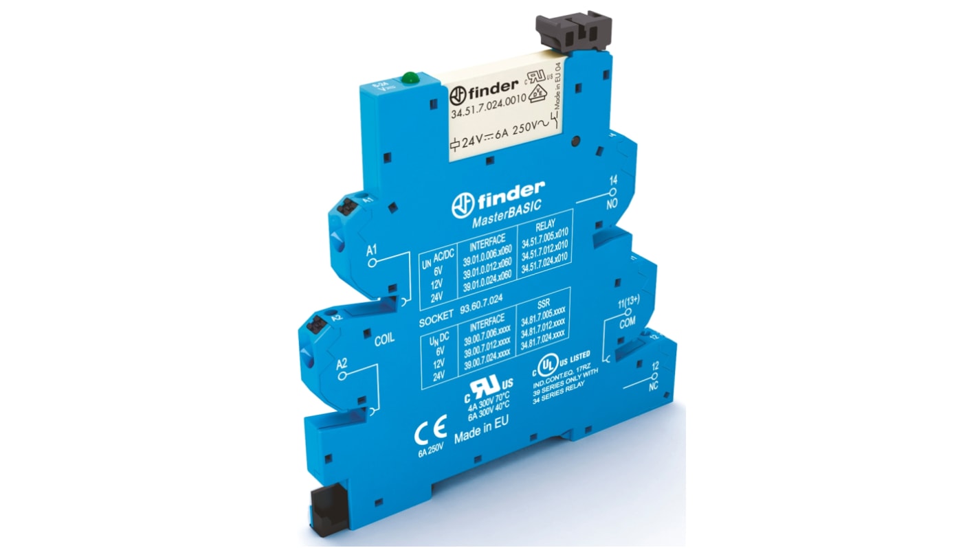 Finder 39 Series Interface Relay, DIN Rail Mount, 230V ac Coil, SPDT, 1-Pole, 6A Load