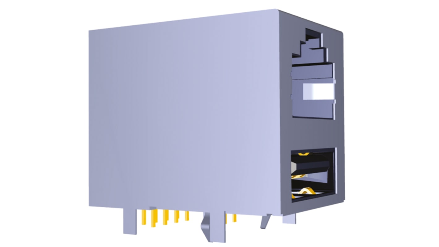TE Connectivity 11775855 Series Female RJ45 Connector, PCB Mount, Cat3, STP Shield Right Angle 1 Port 4 -Way