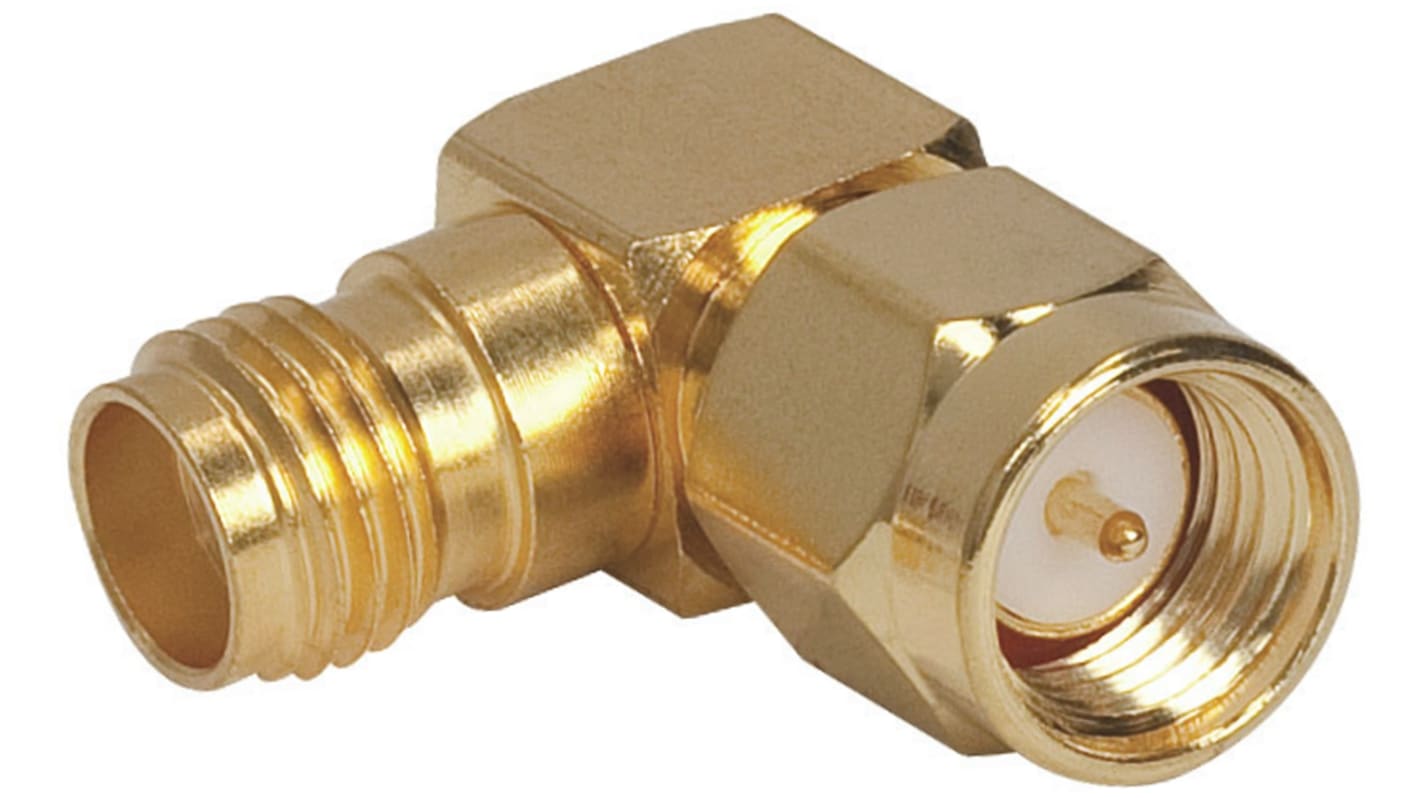 TE Connectivity Right Angle 50Ω RF Adapter SMA Plug to SMA Socket 18GHz