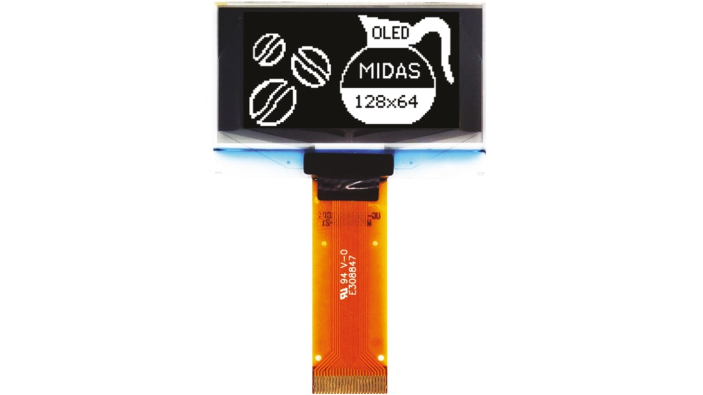 Midas PMOLED屏幕, 1.54in, I2C，平行，SPI接口, 128 x 64pixels