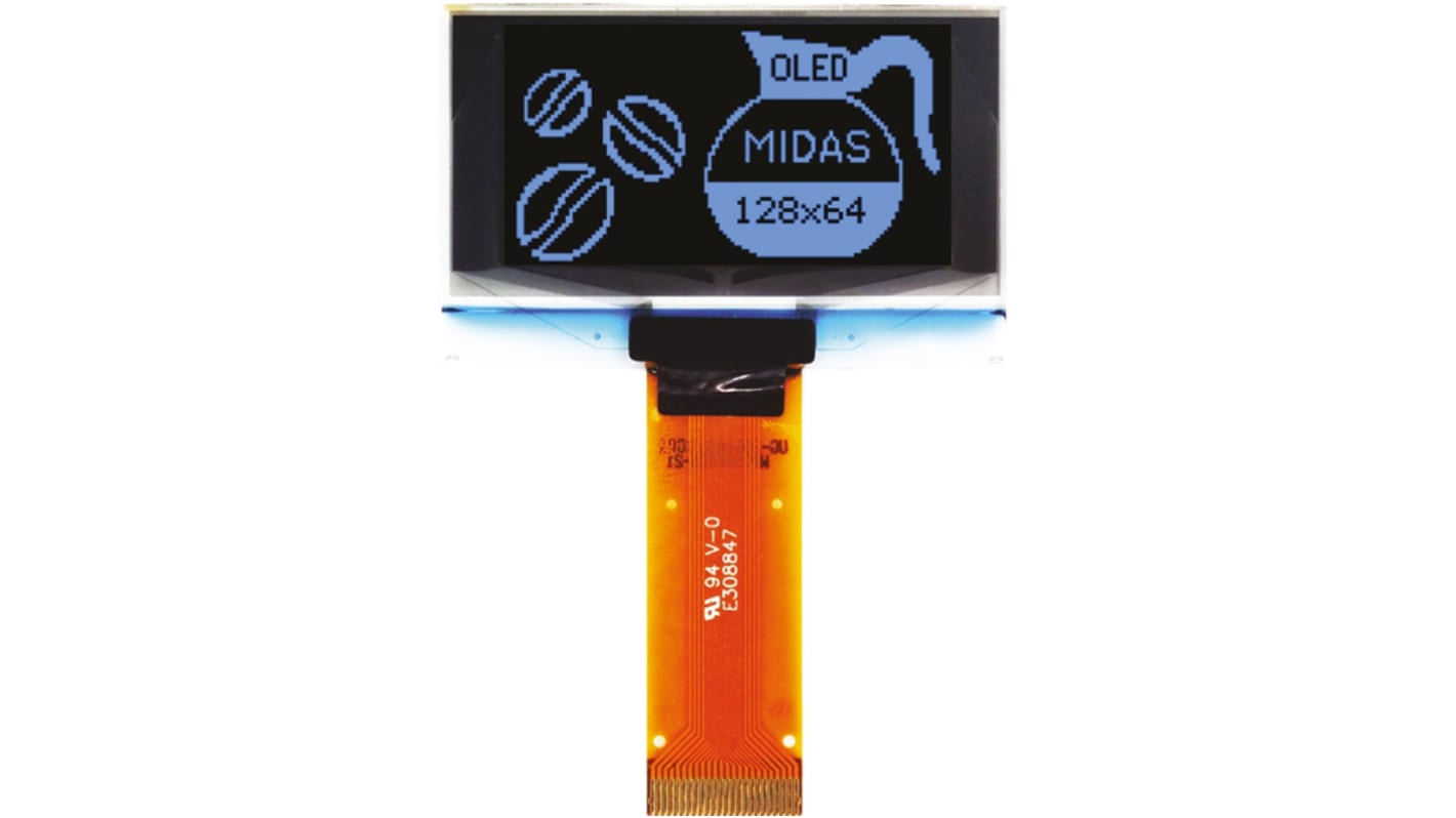 Midas 1.54in Blue Passive matrix OLED Display 128 x 64pixels TAB I2C, Parallel, SPI Interface