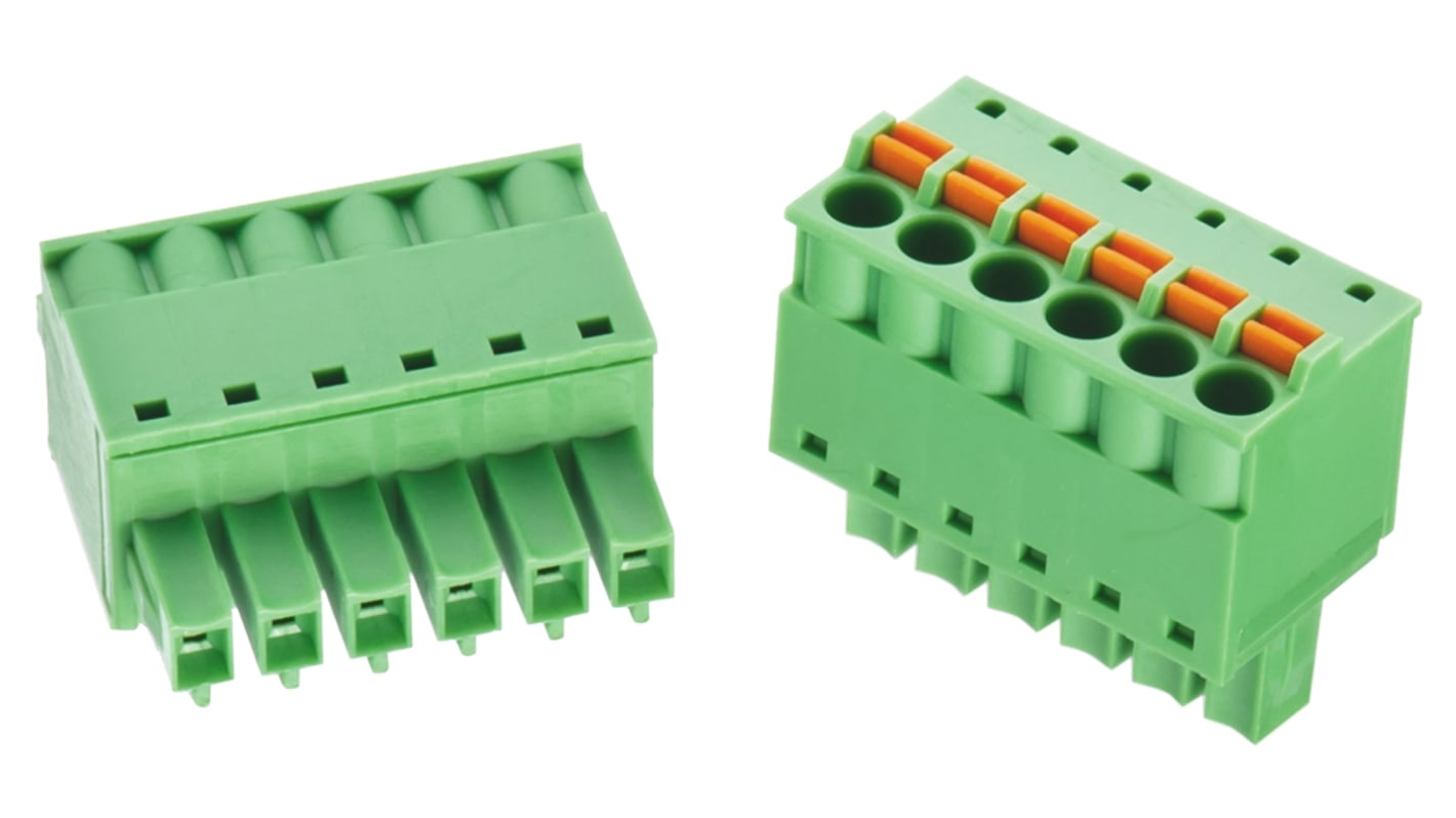 Borne enchufable para PCB Hembra Ángulo recto Wurth Elektronik de 6 vías , paso 3.81mm, 8A, de color Verde, naranja,