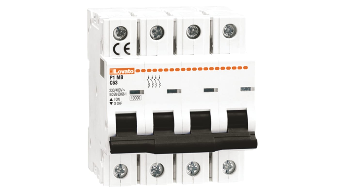 Lovato ModuLo P1MB MCB, 4P, 2A Curve B, 230V AC, 10 kA Breaking Capacity