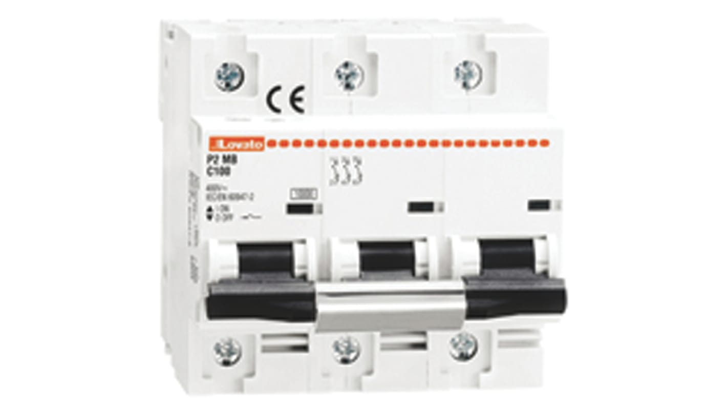 Lovato ModuLo P2MB MCB, 3P, 100A Curve C, 230V AC, 60V DC, 10 kA Breaking Capacity