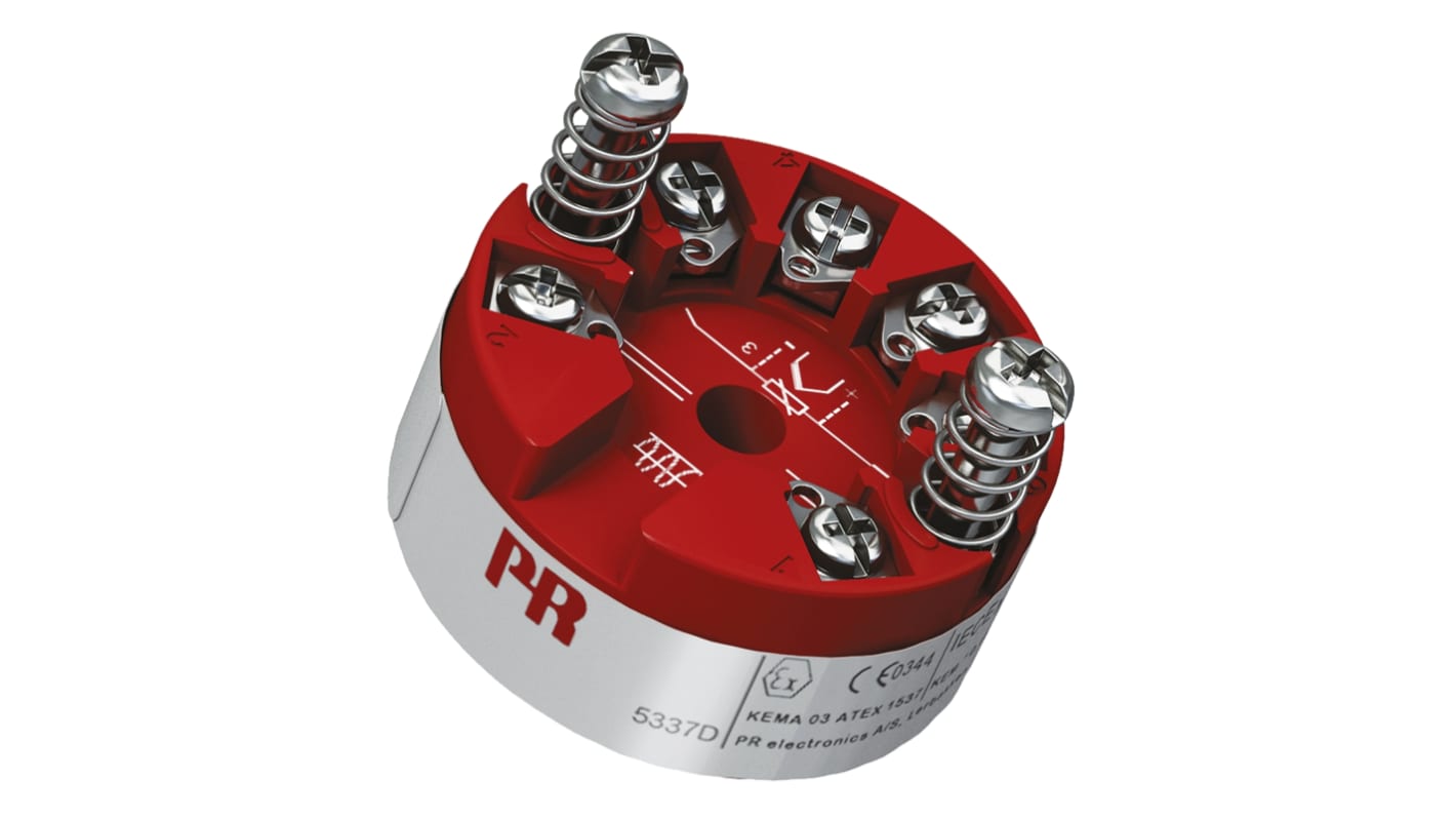 PR Electronics 温度变送器, 线性电阻、 RTD 、热电偶、电压输入, 最大输入温度850°C, 8 → 30 V 直流电源, 44 mm直径, 20.2mm深, 5300系列