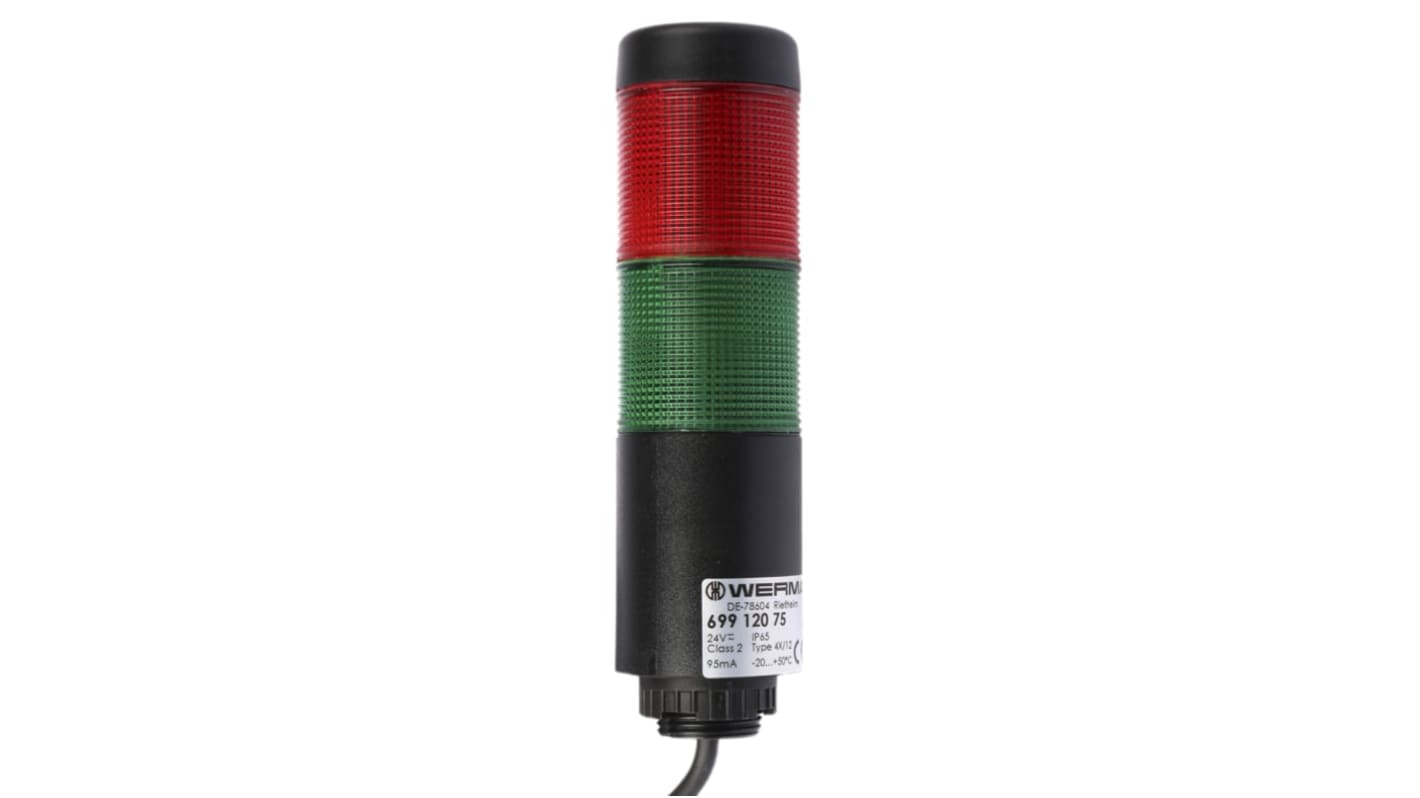 Werma Kompakt 37 Series Red/Green Buzzer Signal Tower, 2 Lights, 24 V, Base Mount, Tube