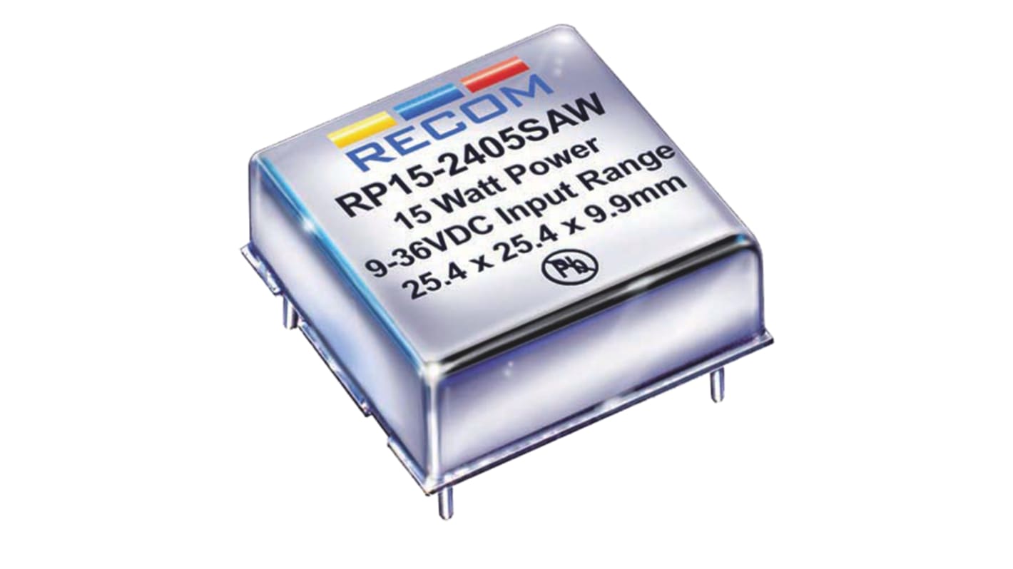 Recom 隔离式DCDC转换器, 9 → 36 V 直流输入, ±15V 直流输出, 15W, 2路输出, RP15-AW系列