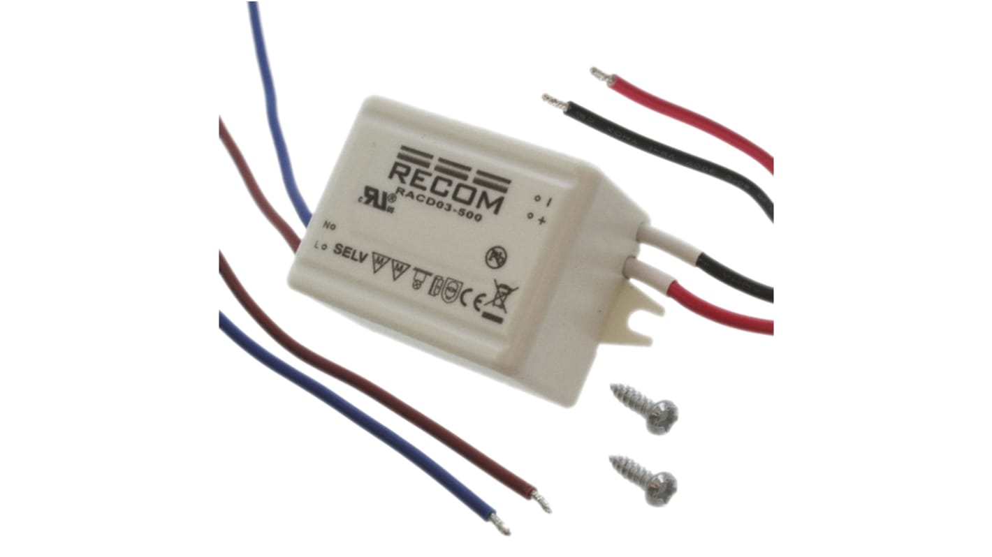 Driver LED corriente/tensión constante Recom RACD03 de salidas, IN: 120 → 370 V dc, 90 → 264 V ac, OUT: 3