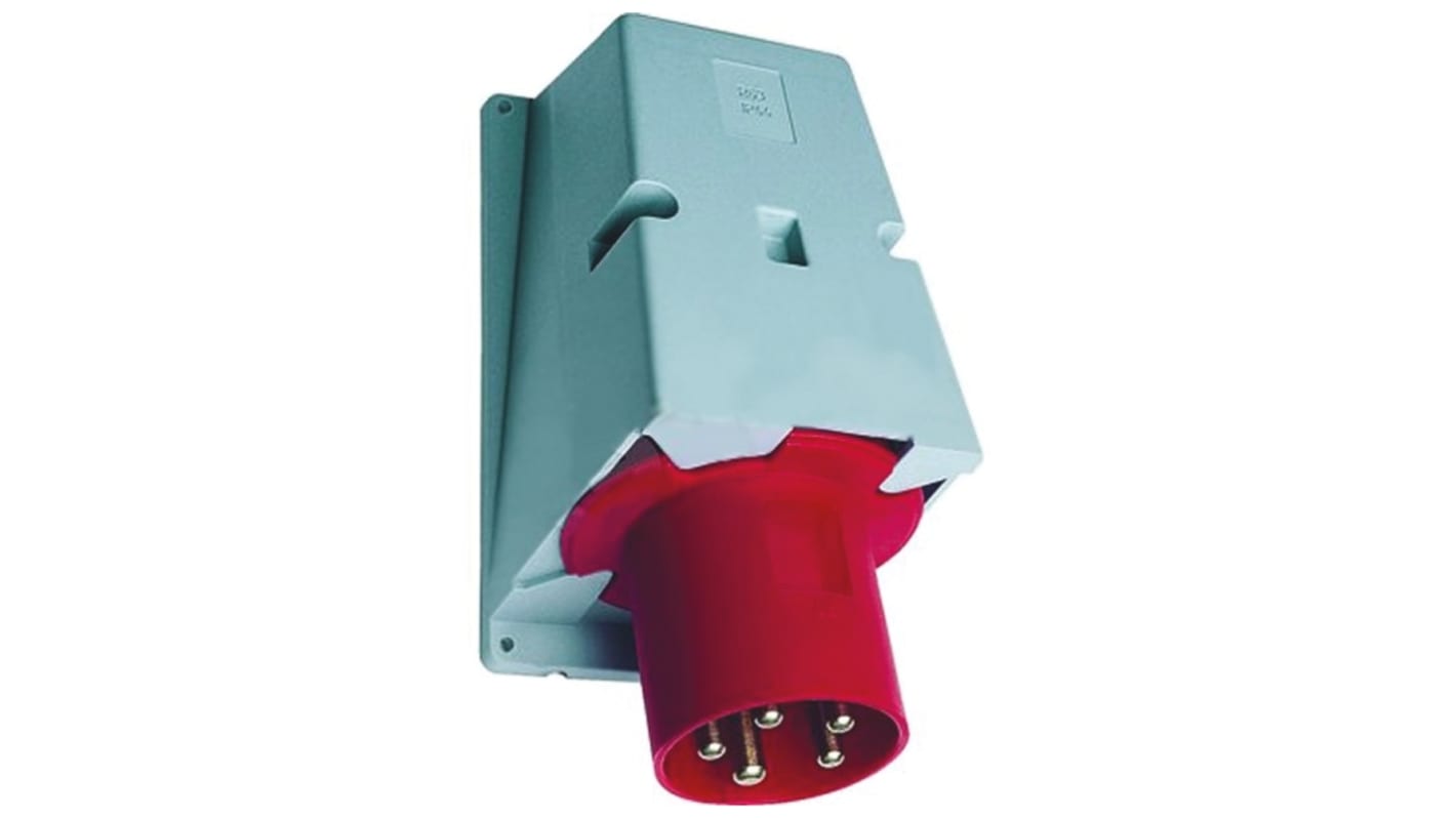Amphenol Industrial, Tough & Safe IP44 Red Panel Mount 3P + N + E Right Angle Industrial Power Plug, Rated At 63A, 415 V