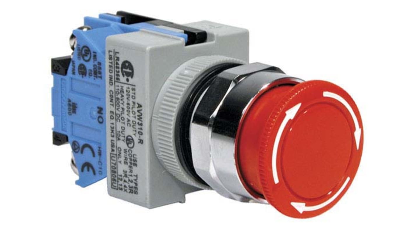 Idec TW Series Emergency Stop Push Button, Panel Mount, 22.3mm Cutout, SPST, IP65