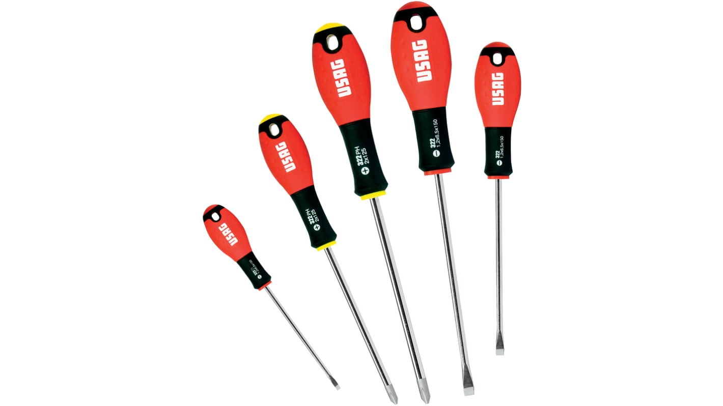 Set di cacciaviti Usag 322 SH5, 5 pezzi Taglio, Phillips, lama cromata
