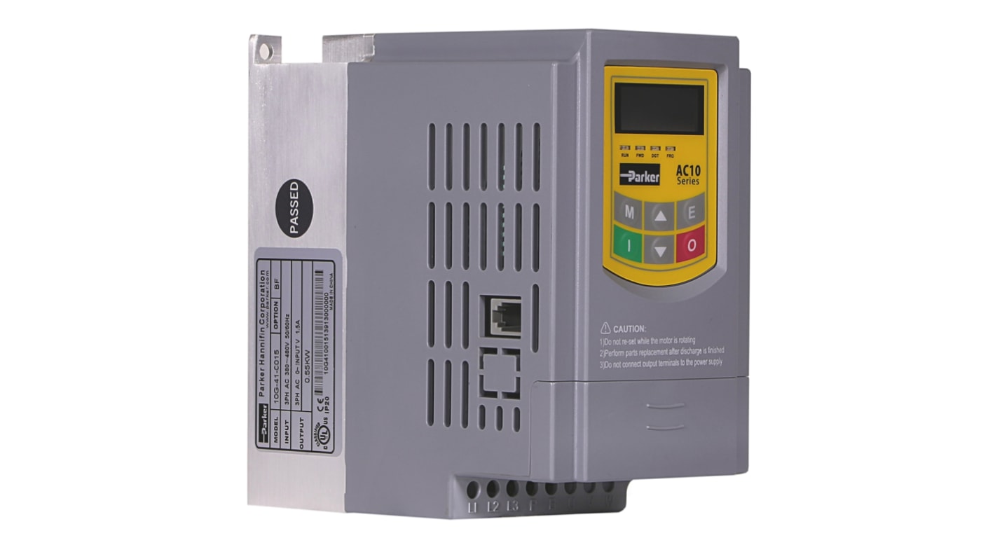 Variador de frecuencia Parker serie AC10, 0,55 kW, 400 V ac, 3 fases, 3,6 A, 0.5 → 590Hz, IP20, RS485 Modbus