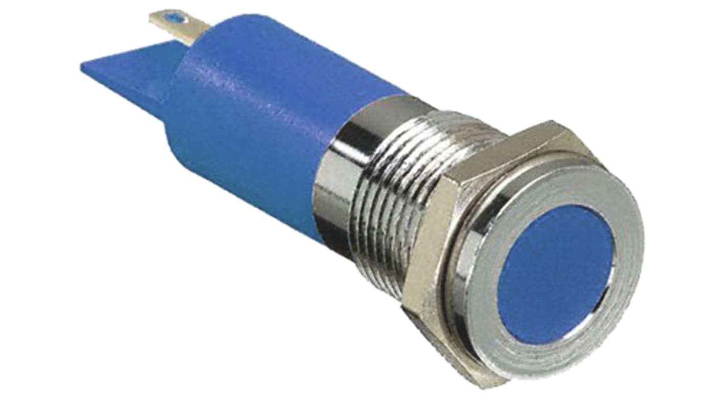 RS PRO Blå Lysdiode Panelmonteret kontrollampe 14mm hulstr., Forsænket, Spadestik, loddeflig, 110V ac, Krom frontramme
