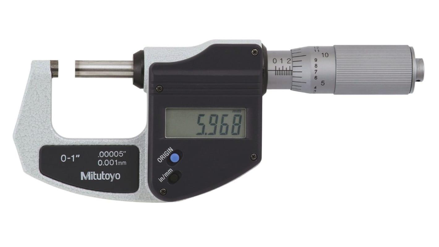 Micrómetro Mitutoyo ±0,0001 plg. 0,001 mm Imperial, Métrico Con calibración UKAS
