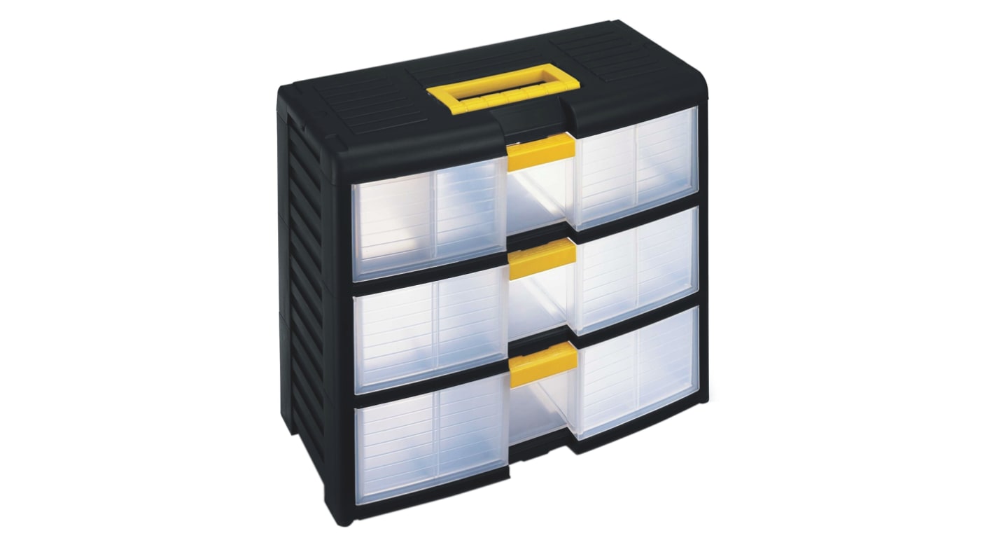 RS PRO 3 Drawer Storage Unit, PP, 334mm x 391mm x 197mm, Black, Transparent
