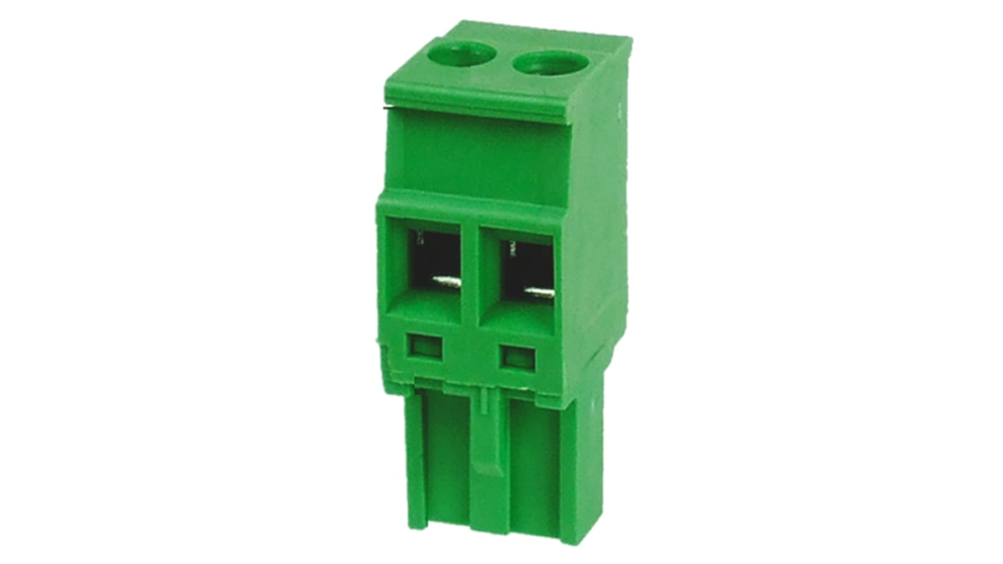 Bloque de terminal PCB Hembra Ángulo recto RS PRO de 2 vías, paso 5mm, 15A, de color Verde, montaje Montaje en orificio